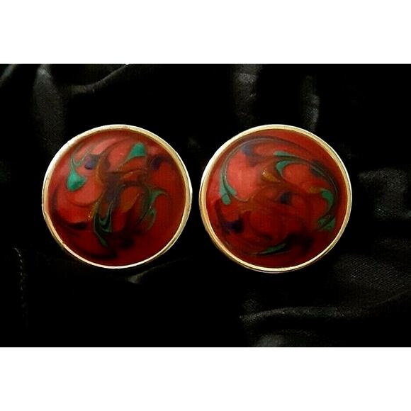 🌈 Vintage Swirl Enamel Earrings 💜 Clip-On Statement Retro Gold Tone - Picture 4 of 12